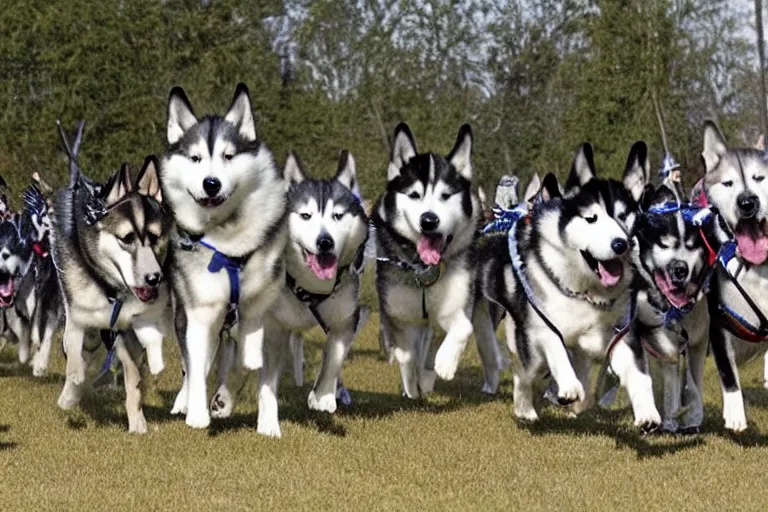 Prompt: General husky of the dog army marching his dog battalion to an epic battle