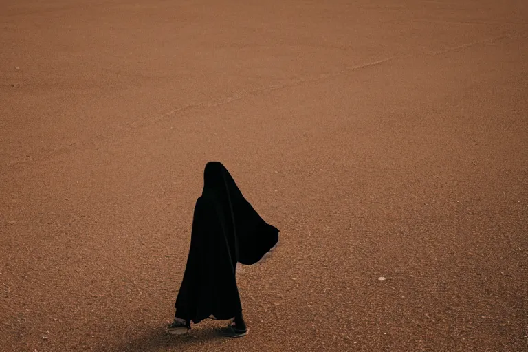 Prompt: a human is wearing a heavy, dark cloak as they walk through a desolate desert landscape with no sign of life around them!!, 2 k photorealism, trending on unsplash, 2 k quality, shot by dennis chen, leonardo ybarra, kenji