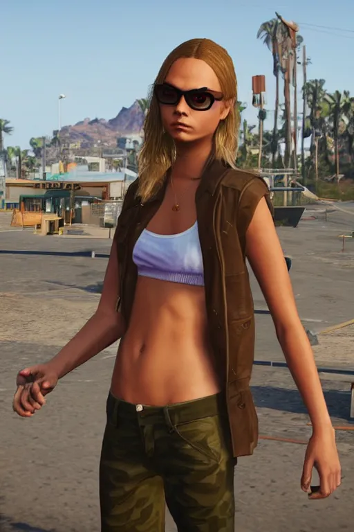 Prompt: Cara Delevingne as a GTA V NPC in Vespucci Beach, in game capture. 3D Render.