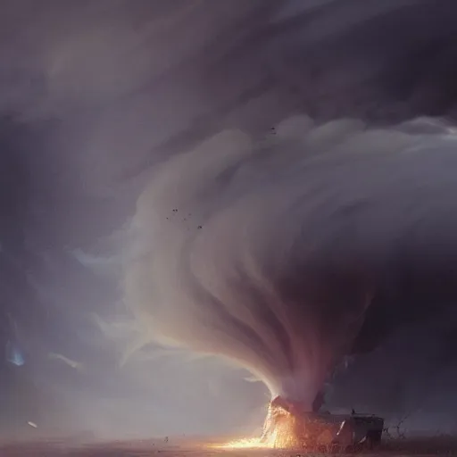 Image similar to an epic view of a smoke tornado destroying a farmhouse, twister, dust devils, flying particles, concept art, by jean duplessis - bertaux and greg rutkowski, trending on artstation