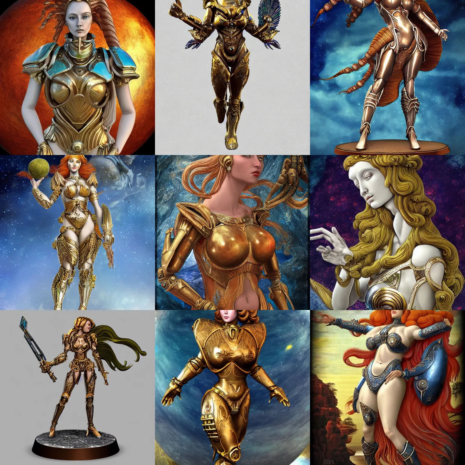 Prompt: venus goddess in ancient alien planet sci-fi armor, in the style of sandro botticelli, stylized, highly detailed, trending on artstation, award winning, painted warhammer miniature