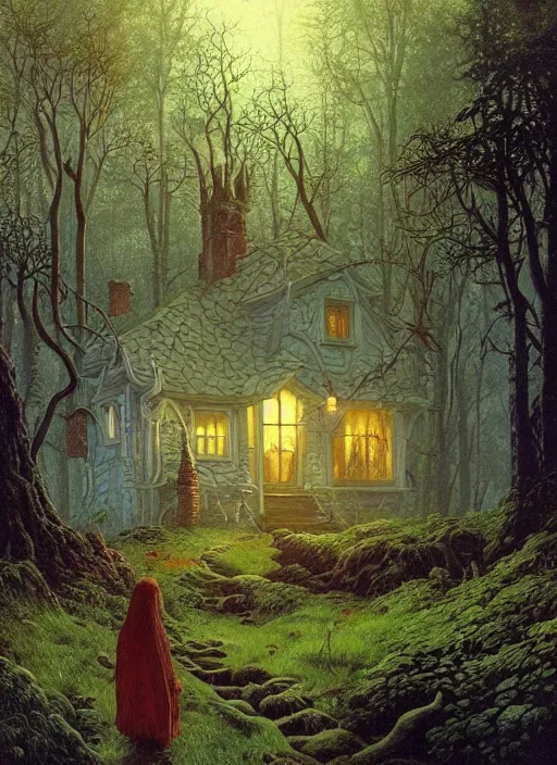 Image similar to hyper realistic witch cottage with mood lighting and technology in the woods gorgeous lighting, sunbeams blue sky, highly detailed, lush forest foliage painting by zdzisław beksinski and norman rockwell and greg rutkowski weta studio, and lucasfilm