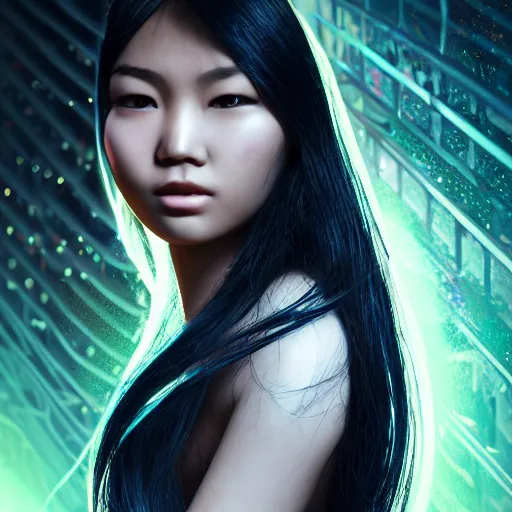 Prompt: a portrait of A full body beautiful futuristic biopunk asian girl, young with long hair, neon Bioluminescence, hyper-realistic, very detailed, intricate, very sexy pose, slight smile expression, photo realistic, dramatic cinematic lighting, octane render, 4k, ultra detailed,