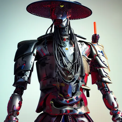 Premium AI Image  a robot ninja with sword that is wearing a straw hat in