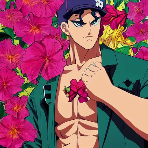 Image similar to handsome boxer, punching, wearing jacket, bodybuilder posing, portrait surrounded by hibiscus flowers, jojo cover art, jojo anime style, david production, style of vento aureo cover art, style of stone ocean cover art, style of steel ball run cover art, style of jojolion cover art, ilya kuvshinov style, illustrated by hirohiko araki