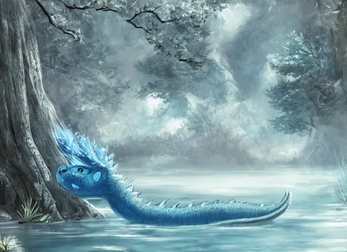 Prompt: a small blue dragon laying in a hot spring, snowy mountain landscape, pine forest, rising steam, fantasy, digital painting, soft details, cozy
