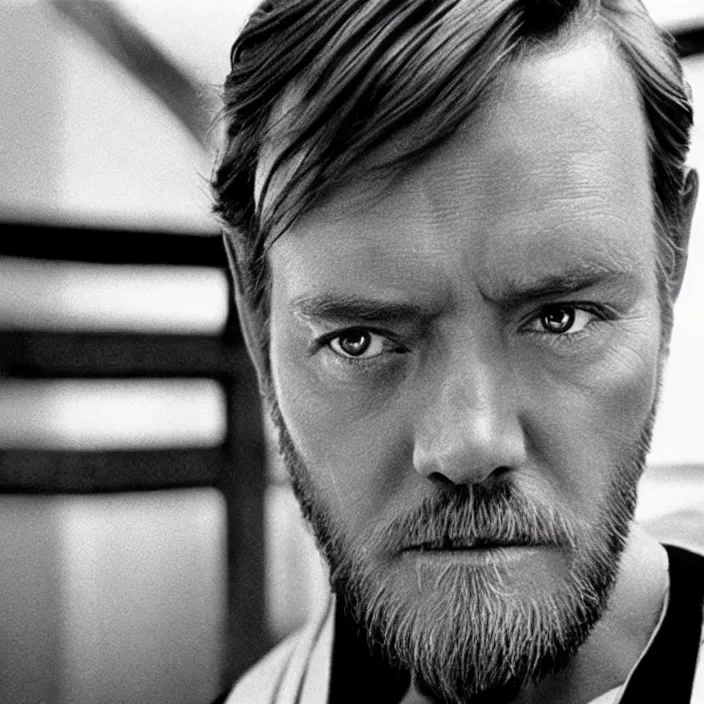 Prompt: obi wan kenobi shaves half his face, photoralistic rendering, movie still, screenshot, hyperdetailed