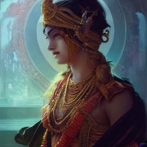 Prompt: Portrait of an hindu goddess as 2B, dark art, D&D, fantasy, intricate, elegant, highly detailed, digital painting, artstation, concept art, matte focus, octane, illustration, art by Artgerm and Greg Rutkowski and Alphonse Mucha