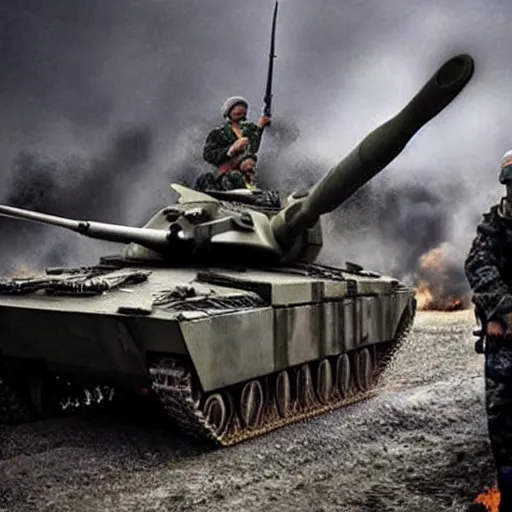 Image similar to Vladimir Putin is fighting at the front against Ukraine epic battle,writing style symbolism,