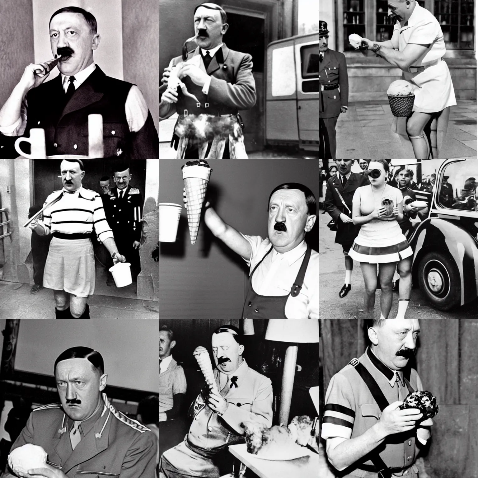 Prompt: hitler wearing a mini-skirt eating an oversized scoop of ice-cream