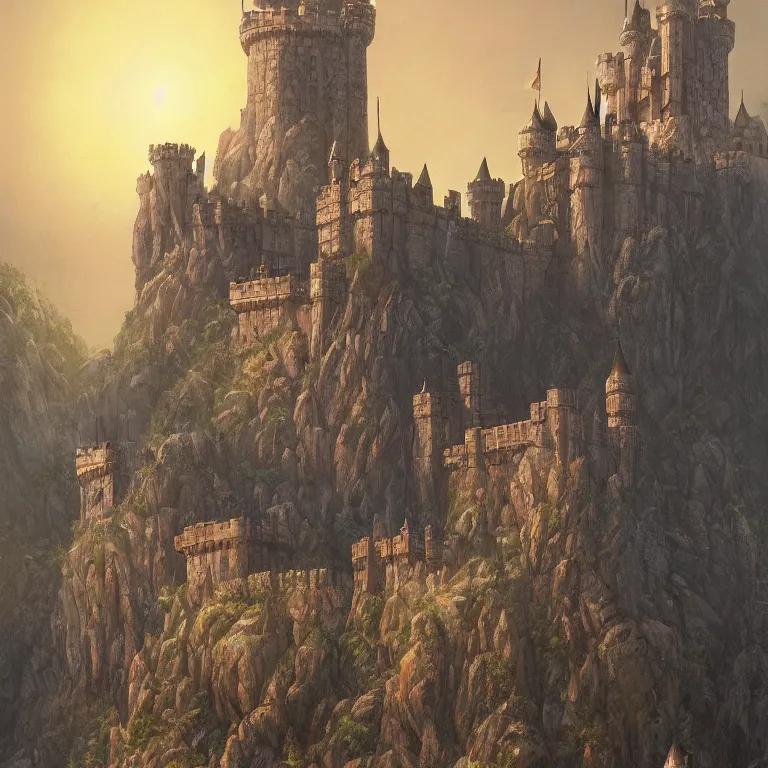 Image similar to large castle with towers by Wayne Barlow and catapults at dawn heading to the iceberg, highly detailed, painted by Wayne Barlow, Frank Lloyd Wright, trending on artstation