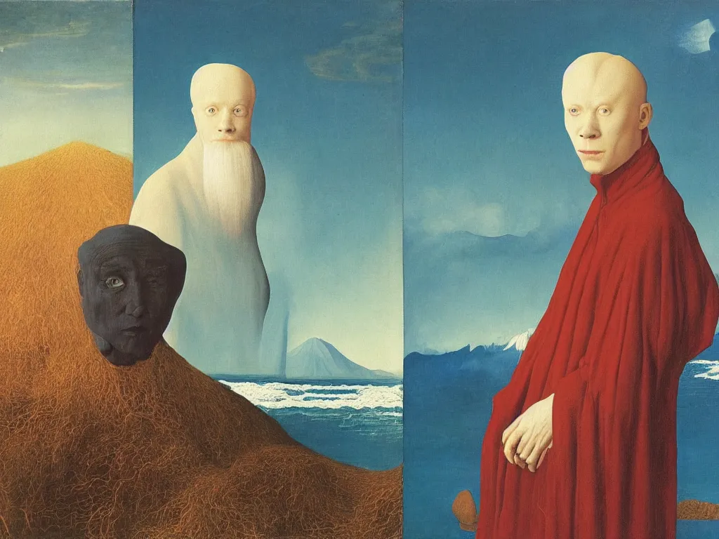 Image similar to Portrait of albino mystic with blue eyes, with landscape with tsunami, giant wave at night. Painting by Jan van Eyck, Audubon, Rene Magritte, Agnes Pelton, Max Ernst, Walton Ford