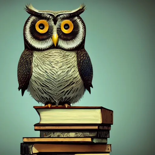 Image similar to long shot of a very cute plush and sleepy owl sitting on a pile of antique books, by naoto hatori, by yoshita amano, by esao andrews, fancy illustration hyperrealistic, big depth of field, fresh colors, moody evening light, 3 d octane render conceptart, 4 k, highly detailed, trending on artstation