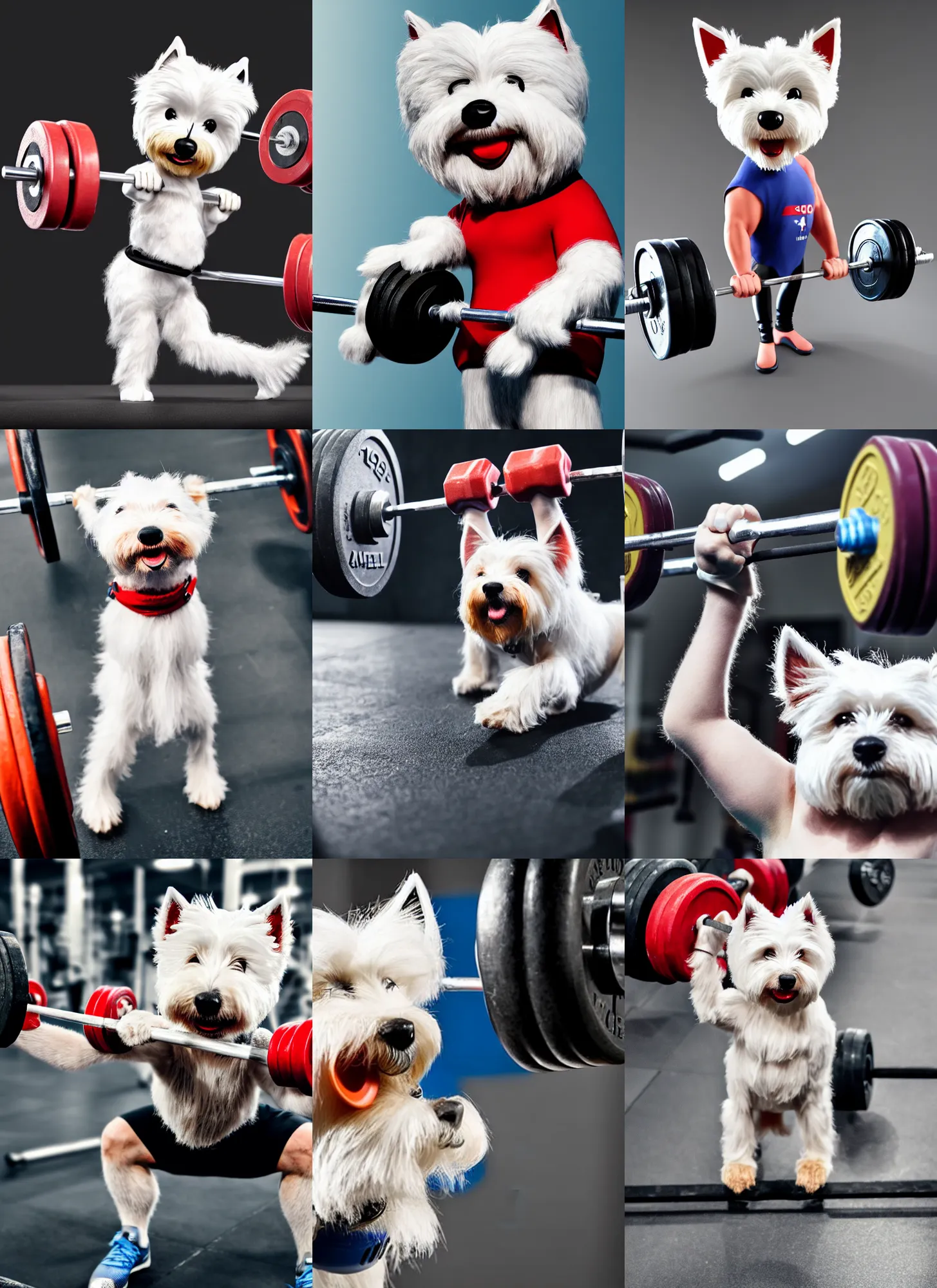 Image similar to a photo of an anthropomorphic anthropomorphic westie weight lifting weightlifting barbell up in olympic, 4 k