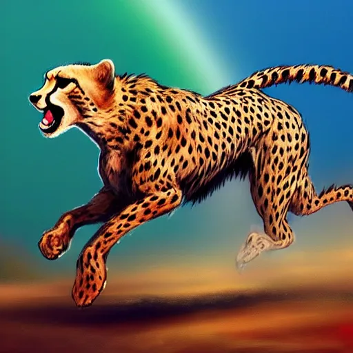 Image similar to cheetah running on a rainbow, high detail, concept art, artstation,