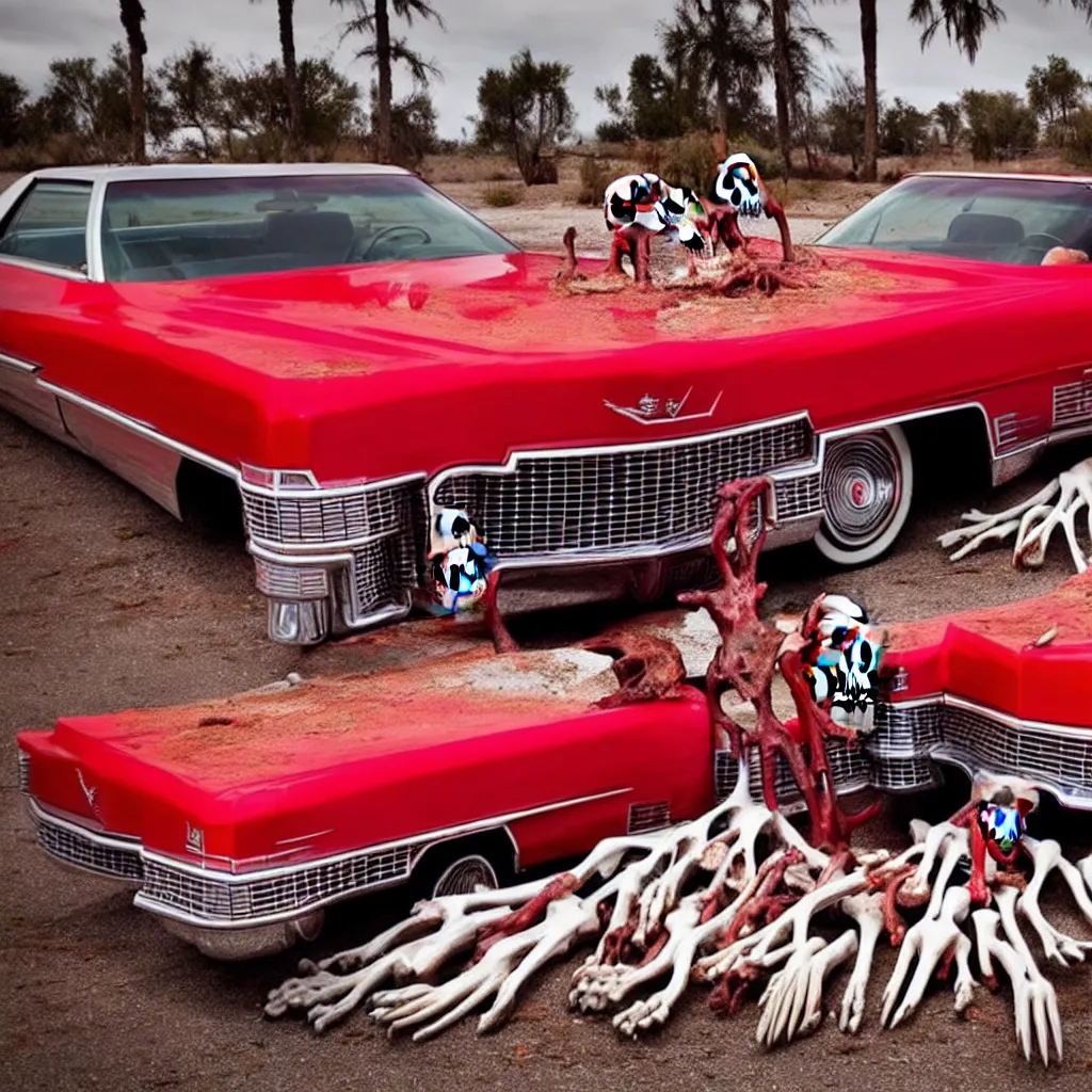 Prompt: red Cadillac Eldorado, stands at a fork, next to a pile of skulls and bones. neon