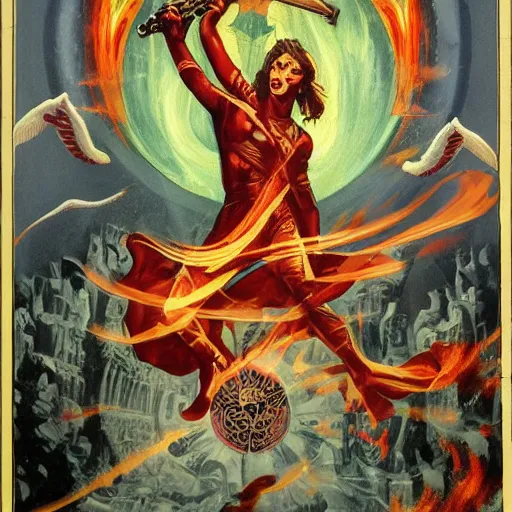 Image similar to An epic Socialist Realism comic book style, stunning, breathtaking, awe-inspiring award-winning concept art nouveau painting of sophisticated portrayal of Lucifer, invincible and triumphant over Heaven, exquisite and handsome wings, holding a flaming sword of hellfire in his hands , fisheye, a star is born in the background, photorealistic, complex, intricate, 3-point perspective, hyper detailed, unreal engine 5,DAZ, symmetrical, octane render, dynamic lighting, 8k , IMAX quality, polished, photoshopped, high resolution, , path tracing, volumetric lighting, Arnold render