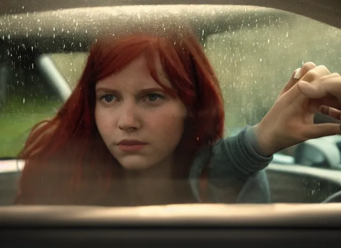 Image similar to A very high resolution image from a new movie, inside of a car, teen red hair woman, raining, hot, directed by wes anderson