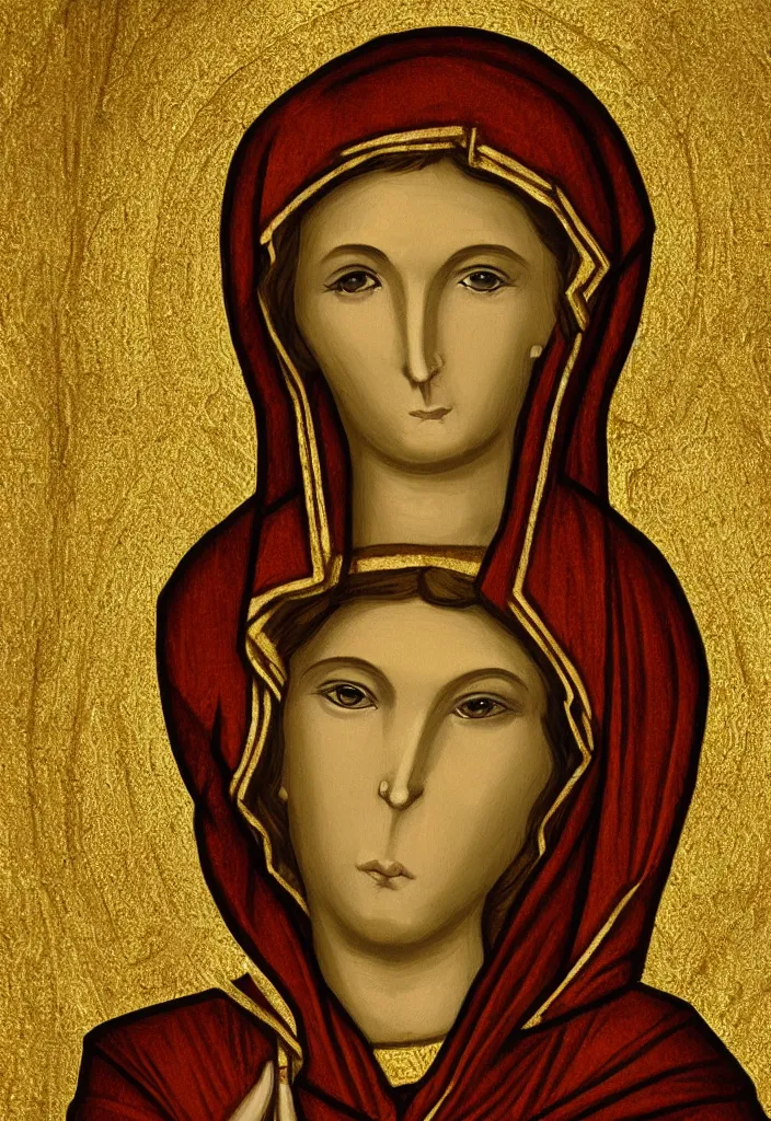 Image similar to saint mary reimagined as digital art by theophilia from deviantart, gold background, very detailed,