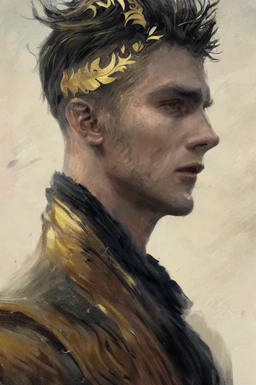 Image similar to a masculine elegant man from sideview and wearing golden laurel wreath, ethereal horror fantasy art by greg rutkowski and magali villanueve and monet con