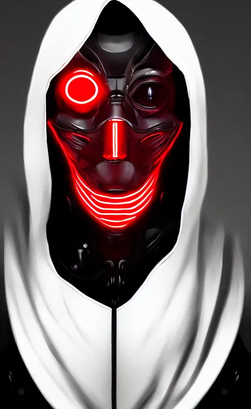 Image similar to face portrait of a robot in an all white hood and robe, with red glowing eyes, dynamic lighting, fantasy concept art, trending on art station, stunning visuals, creative, cinematic, ultra detailed