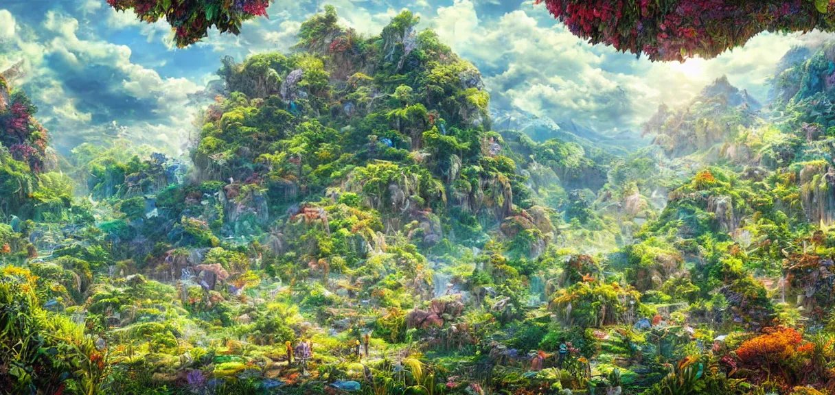 Image similar to the landscape of an unimaginable and beautiful place with all types of colorful vegetation, beyond the physical realm, an ultrafine hyperdetailed illustration by kim jung gi, irakli nadar, intricate linework, bright colors, octopath traveler, final fantasy, unreal engine 5 highly rendered, global illumination, radiant light, detailed and intricate environment