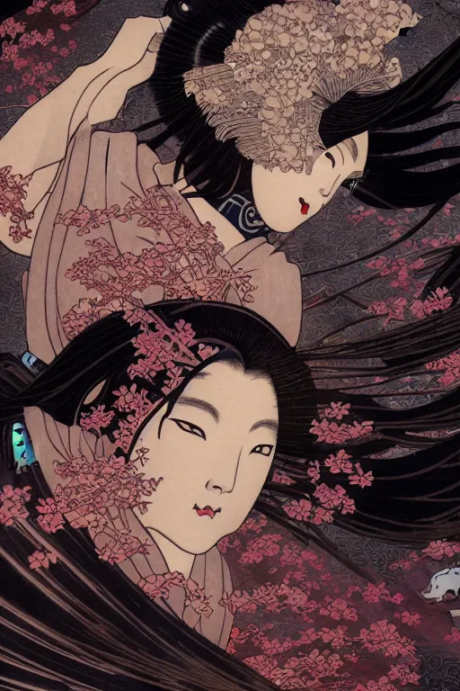 Image similar to beautiful Ukiyo-e and black magic and japanese and geisha female ninja portrait+shiny eyes+light flowing hair, in cyberpunk ruin tokyo temple, ultradetail face, art and illustration by tian zi and craig mullins and WLOP and alphonse mucha, fantasy, intricate complexity, human structure, fantasy world concept, watermark, blurry, hyperrealism 8k