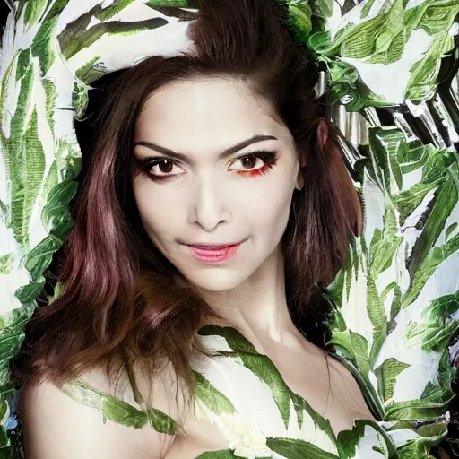 Image similar to A beautiful portrait of Deepika Padukone as Poison Ivy from Batman as a Versace fashion model Spring/Summer 2010, highly detailed, in the style of cinematic, Getty images, Milan fashion week backstage, Makeup by Pat McGrath, Hair by Guido Palau, Greg rutkowski