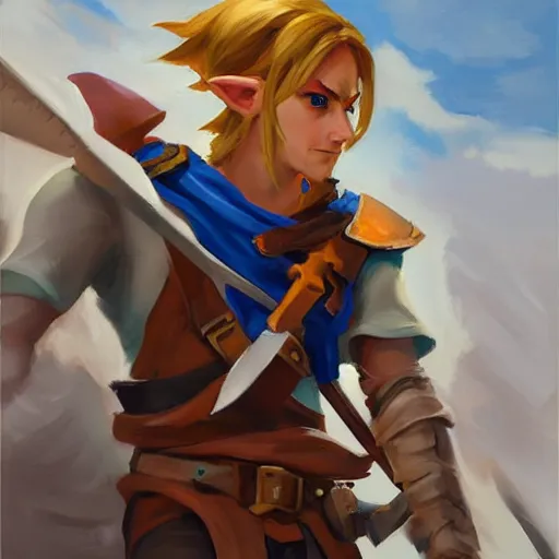 Image similar to greg manchess portrait painting of link from legend of zelda as overwatch character, medium shot, asymmetrical, profile picture, organic painting, sunny day, matte painting, bold shapes, hard edges, street art, trending on artstation, by huang guangjian and gil elvgren and sachin teng