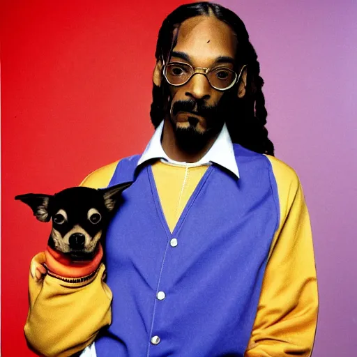 Image similar to Snoop Dogg holding a chihuahua for a 1990s sitcom tv show, Studio Photograph, portrait, C 12.0