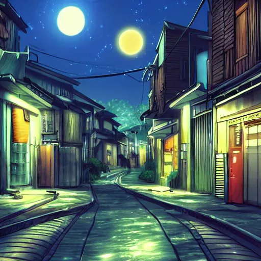 Image similar to anime tokyo residential quiet street scenery only wallpaper, nighttime moonlight scene, aesthetic, beautiful, hyper realistic