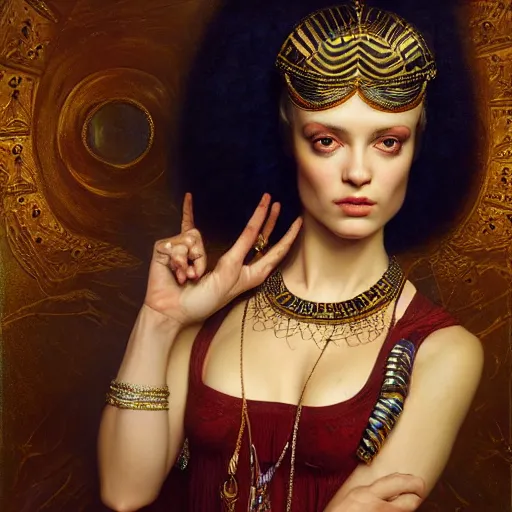 Prompt: highly detailed oil painting | very intricate | cinematic lighting | award - winning | portrait of cleopatra dressed by jean paul gaultier | by roberto ferri, by tom bagshaw, by j. c. leyendecker and klimt, american romanticism, by austin osman spare, artstation, cgsociety, official art, octane