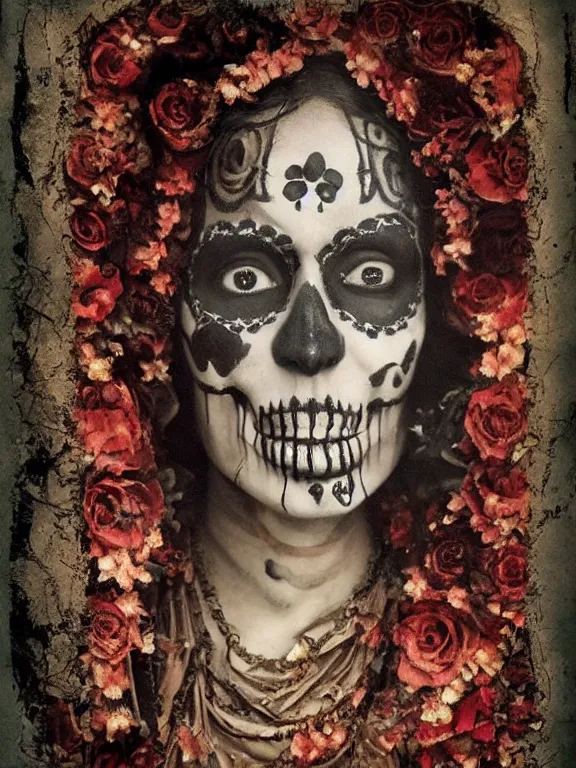 Image similar to tintype virgin mary in dia de muertos dress and make up, horrific beautiful vibe, evocative, atmospheric lighting, painted, intricate, highly detailed,