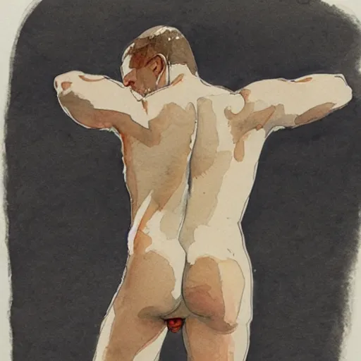 Prompt: the lower back of a beautiful man. watercolor drawing by hugo pratt.