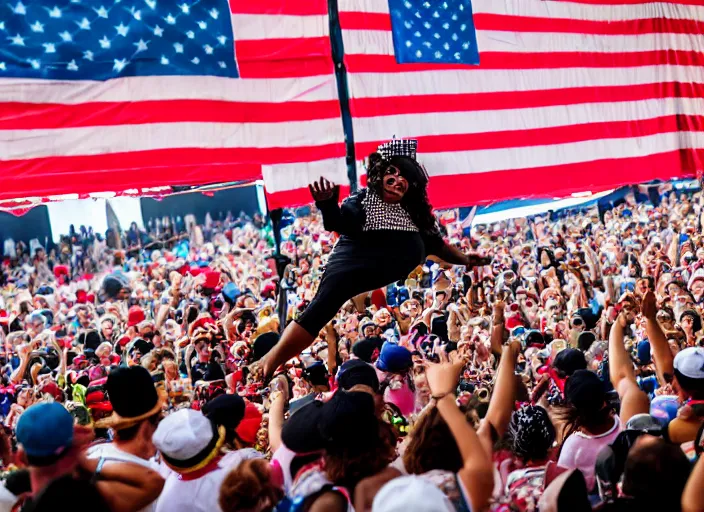 Image similar to photo still of aunt jemima in period attire at vans warped tour!!!!!!!! at age 4 0 years old 4 0 years of age!!!!!!! on stage diving into the crowd, 8 k, 8 5 mm f 1. 8, studio lighting, rim light, right side key light