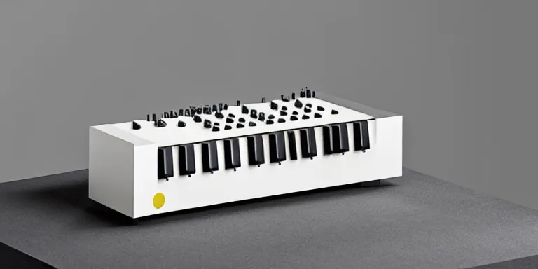 Prompt: dezeen showroom , minimalissimo, archdaily, , teenage engineering moad, mother of all decks, product design concept,product shot of moog melotron synthesizer designed by jony ives, dieter rams, 8k, highly detailed photo