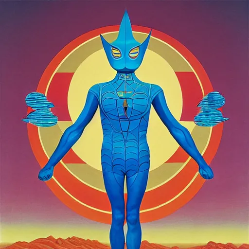 Image similar to vitruvian ultraman by james jean and shusei nagaoka, magritte painting