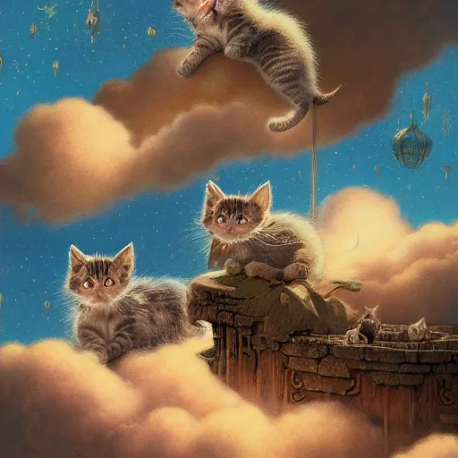 Prompt: Beautiful matte painting of kittens among clouds, Johfra Bosschart, Victo Ngai, Peter Mohrbacher, Thomas Kinkade, 4k,pastel colors