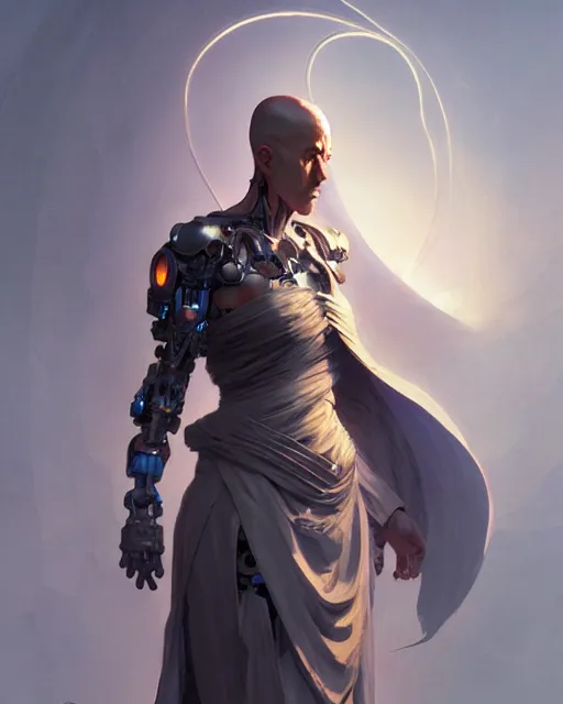 Prompt: a cyborg warrior monk wearing a flowing cloak, cyborg hardware, 3 d render, octane, zbrush, painting, artstation, concept art, smooth, sharp focus, illustration, art by artgerm and greg rutkowski and alphonse mucha