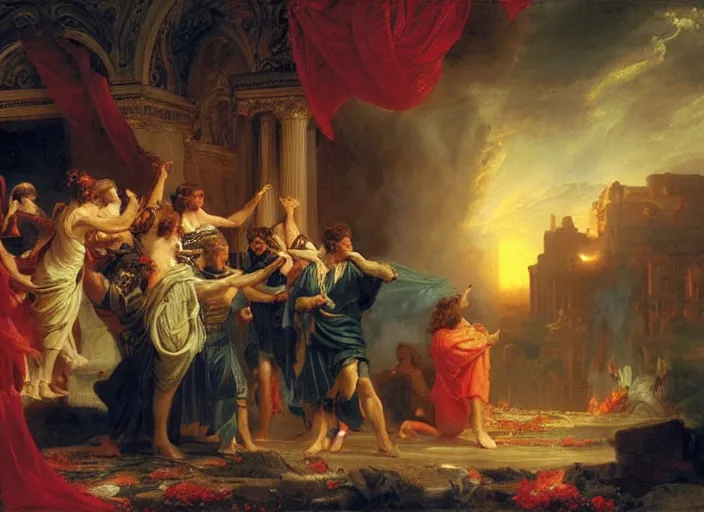 Prompt: julius caesar taking a selfie as rome burns behind him by thomas cole and vladimir volegov and alexander averin and pierre auguste cot and delphin enjolras