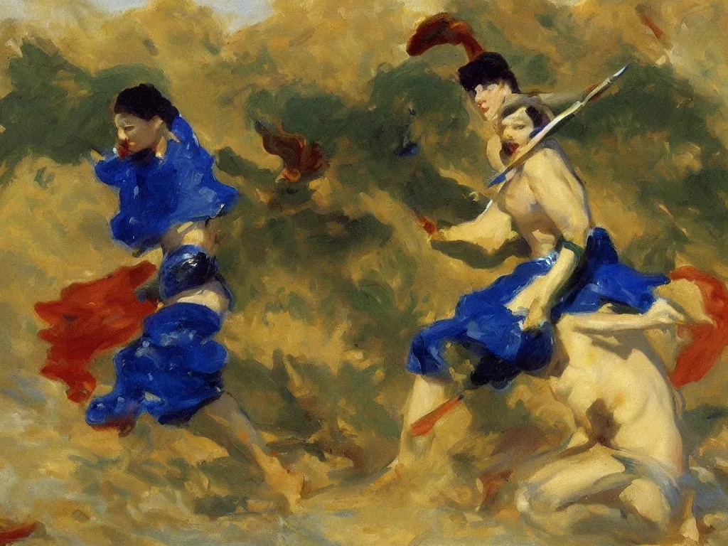 Image similar to painter fighting with lapis-lazuli, malachite, cinnabar pigments. Painting by John Singer Sargent.