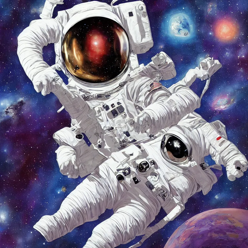 Prompt: an astronaut with headphone playing keyboard in the space, digital painting, digital art, illustrated by alex ross