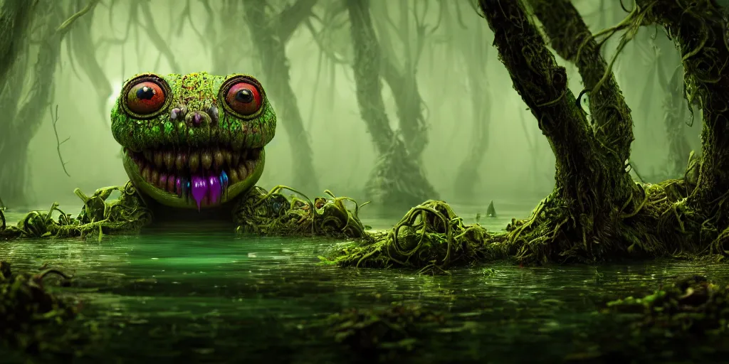 Prompt: of an intricate murky hazy swamp with strange cute pudgy creatures with long tongue, huge eyes and big nose appearing from the waters, in the style of jeff koons, macro lens, shallow depth of field, highly detailed, digital painting, trending artstation, concept art, illustration, cinematic lighting, vibrant colors, photorealism, epic, octane render