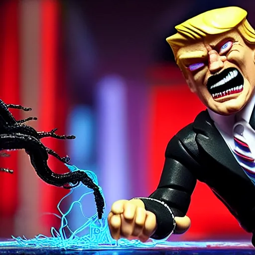 Image similar to action figure of Trump turning into Venom and shooting black web lines out of hair by Hasbro