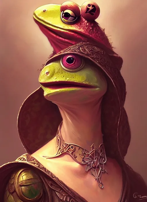 Image similar to Portrait of Kermit the frog, D&D, fantasy, intricate, elegant, highly detailed, digital painting, artstation, concept art, smooth, sharp focus, illustration, art by artgerm and greg rutkowski and alphonse mucha