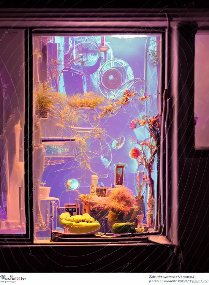 Image similar to telephoto 7 0 mm f / 2. 8 iso 2 0 0 photograph depicting the feeling of chrysalism in a cosy safe cluttered french sci - fi ( ( art nouveau ) ) cyberpunk apartment in a pastel dreamstate art cinema style. ( cat ) ( ( fish tank ) ), ambient light.