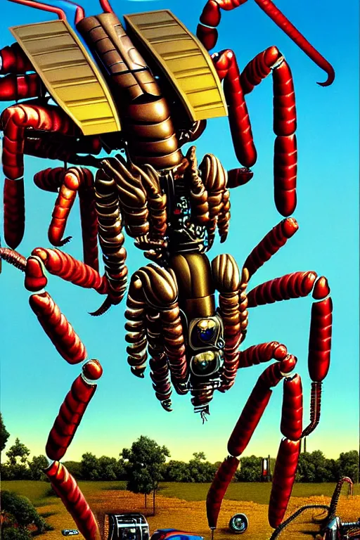 Prompt: a hyperrealistic painting of a giant metallic mechanical scorpion monster in a suburban neighborhood on a sunny day, by chris cunningham and richard corben, highly detailed, vivid color,