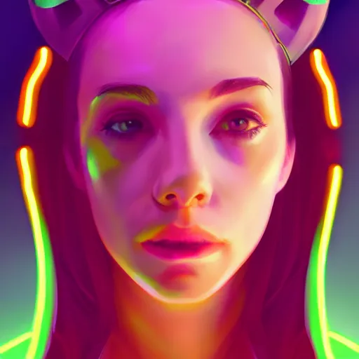 Image similar to portrait of a cute young woman with robot ears and eyes, 4k, sharp focus, neon colored fluorescent lighting, Andreas Rocha