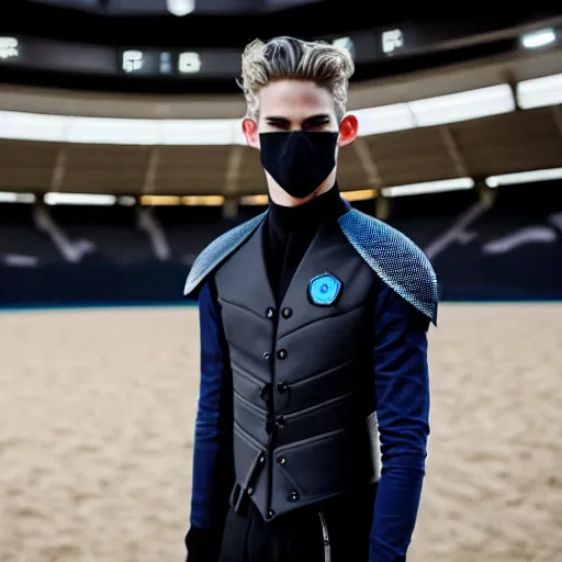 Image similar to medium face shot of adult Austin Butler dressed in black-prussian blue futuristic-tudoresque clothing with embroidered-Ram-emblem, and nanocarbon-vest, in an arena in Dune 2021, XF IQ4, f/1.4, ISO 200, 1/160s, 8K