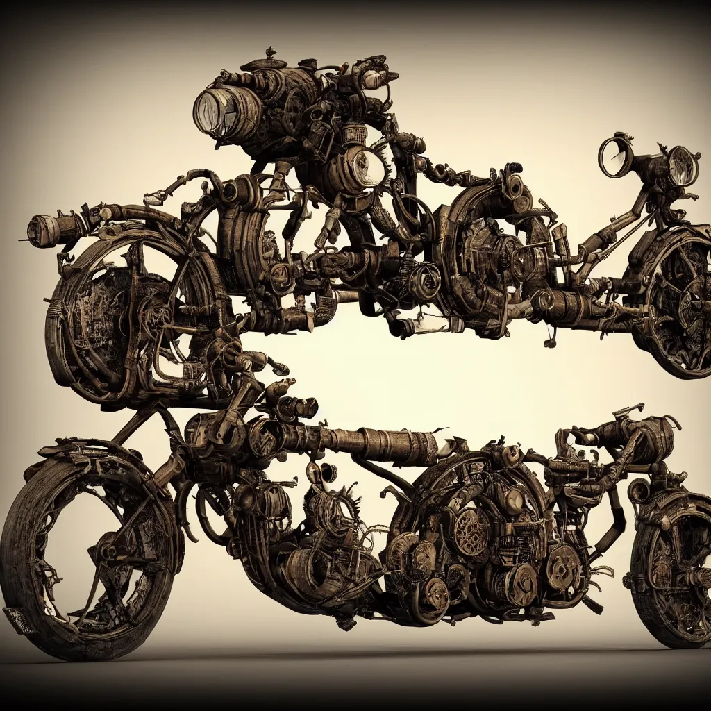 Image similar to steampunk style motorcycle, photorealistic, 3 d rendering, cute, unreal engine, bokeh